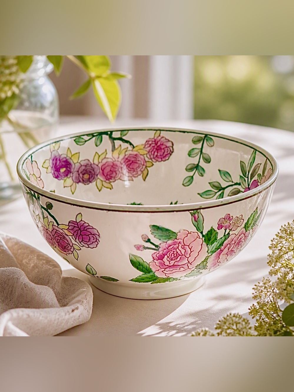 Floral Ceramic Serving Bowl - Pink Rose Design